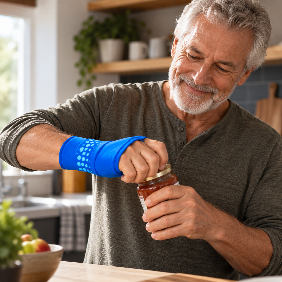 A man in his sixties opening a jar with the wrap on