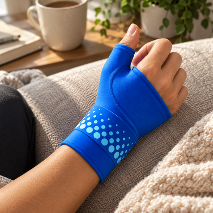 The wrap worn on a hand resting on a sofa arm