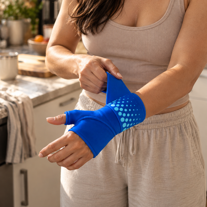 Sliding the wrap on one-handed in a kitchen