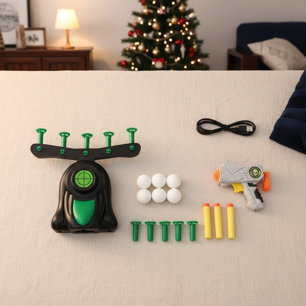 Everything in the box: base, nozzles, balls, blaster, foam darts and USB cable