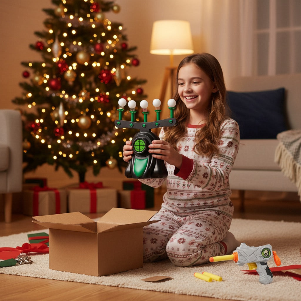 Girl opening the target game on Christmas morning