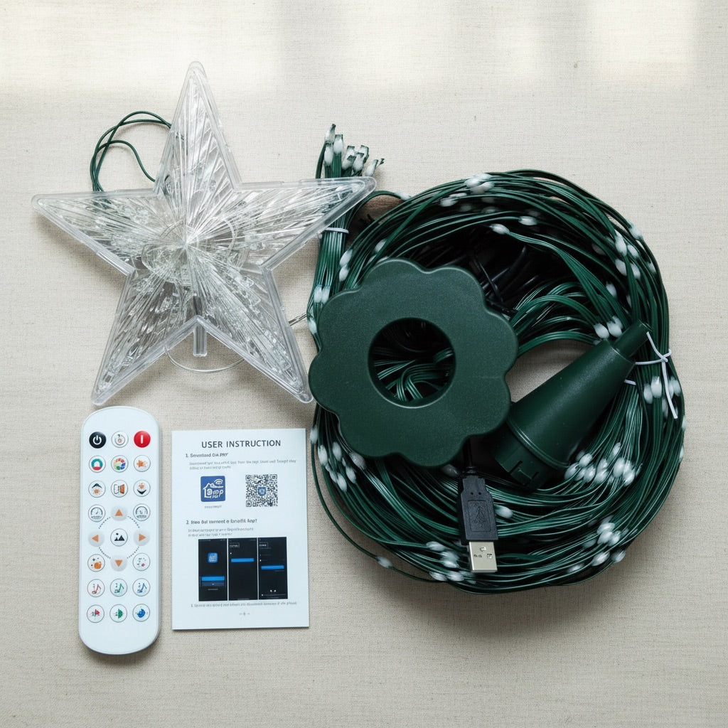 Everything in the box: star with light strands, remote and USB plug