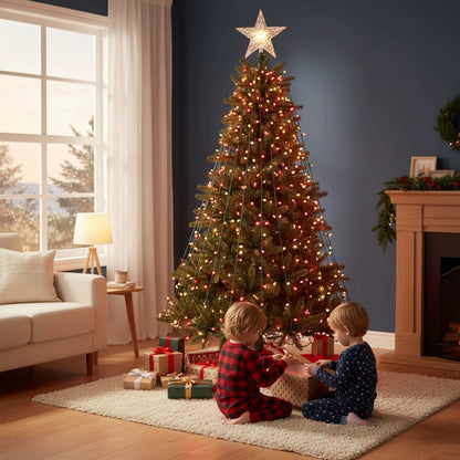 Christmas morning, children opening presents by the lit tree