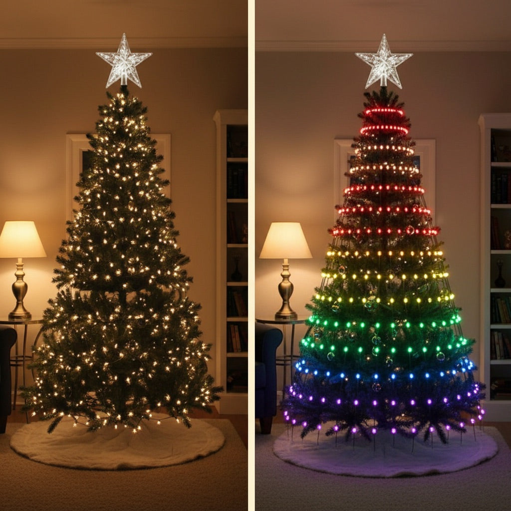 Ordinary string lights next to the smart lights on the same tree