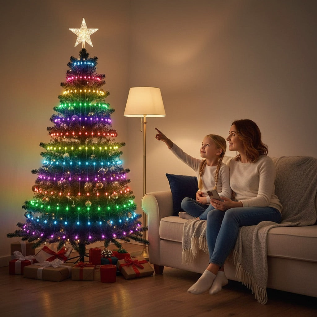 Mother and daughter on the sofa looking up at a tree lit with smart Christmas lights