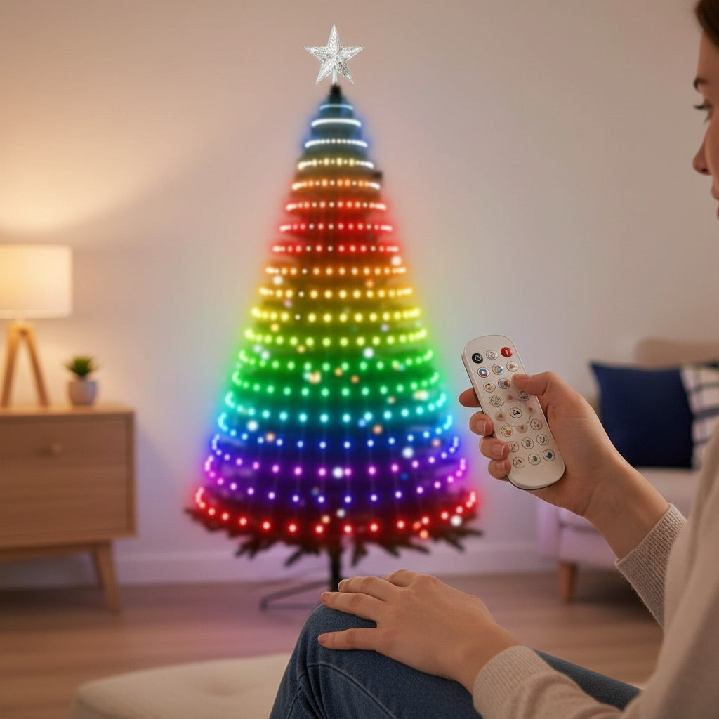 Using the remote, tree glowing in rainbow colours behind