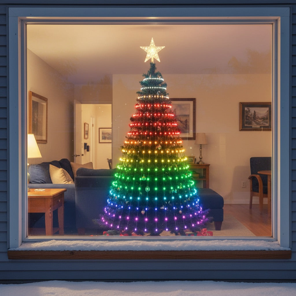The lit tree seen through the front window at night